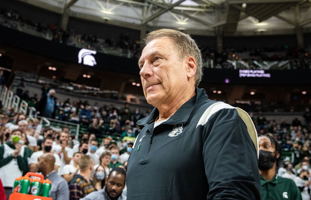<p>Coach Tom Izzo walks out before Michigan State&#x27;s game against Louisville. The Spartans beat the Cardinals, 73-64, to win the B1G/ACC Challenge on Dec. 1, 2021. </p>