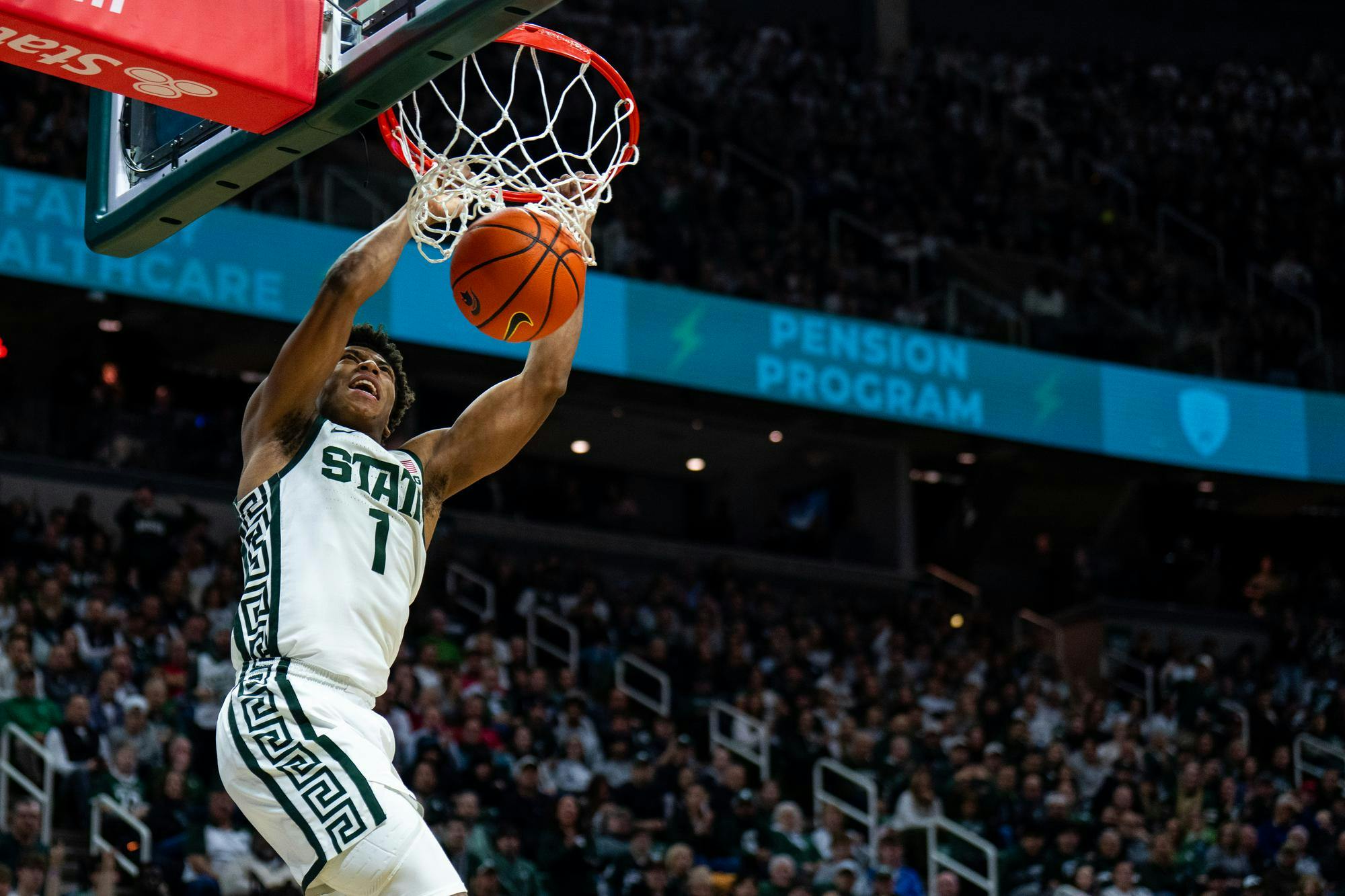 <p>Michigan State Spartans guard Jeremy Fears Jr. (1) dunks during an NCAA Division I basketball game between Michigan State and Indiana at the Breslin Center in East Lansing, Michigan, on Tuesday, Jan. 13, 2026.</p>