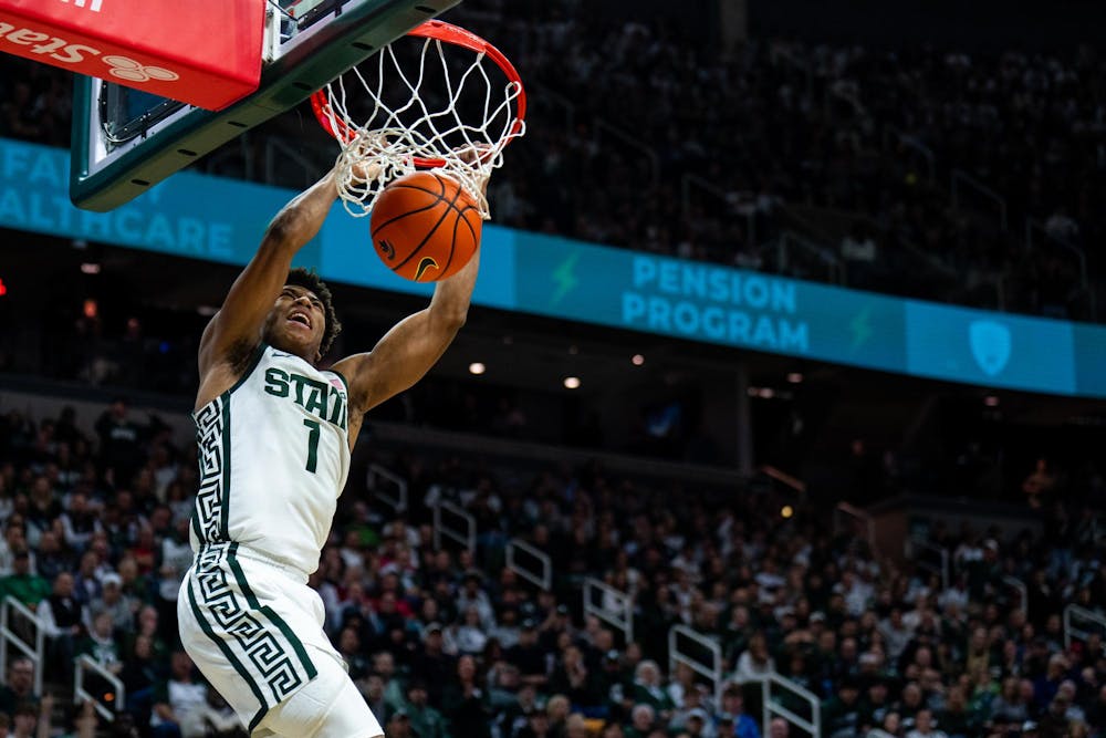 <p>Michigan State Spartans guard Jeremy Fears Jr. (1) dunks during an NCAA Division I basketball game between Michigan State and Indiana at the Breslin Center in East Lansing, Michigan, on Tuesday, Jan. 13, 2026.</p>