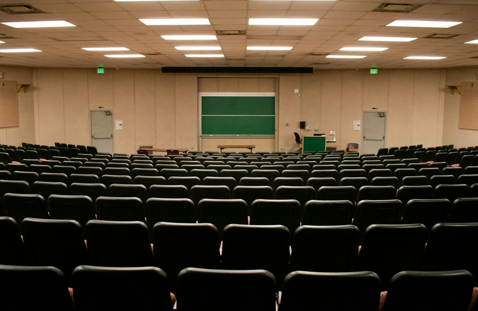 <p>A Wilson lecture hall turns empty after MSU halted in-person classes due to the coronavirus on March 11, 2020.</p>