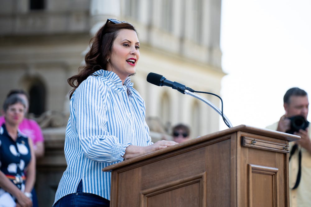 <p>Governor Gretchen Whitmer speaks in support of abortion rights. Supporters of abortion rights gathered at the Capitol on June 24, 2022, after the overturning of Roe v. Wade.</p>