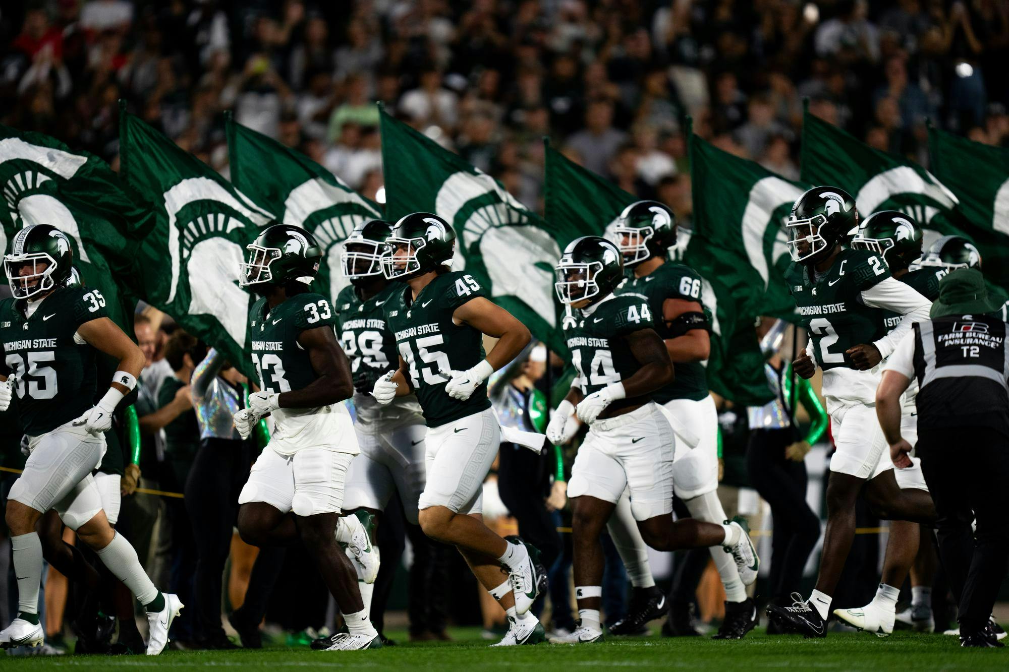 <p>The Michigan State football team takes the field prior to the football game against the Ohio State Buckeyes at Spartan Stadium, Sept. 28, 2024. Despite a competitive first half, the Spartans fell 38-7 to the Buckeyes.</p>