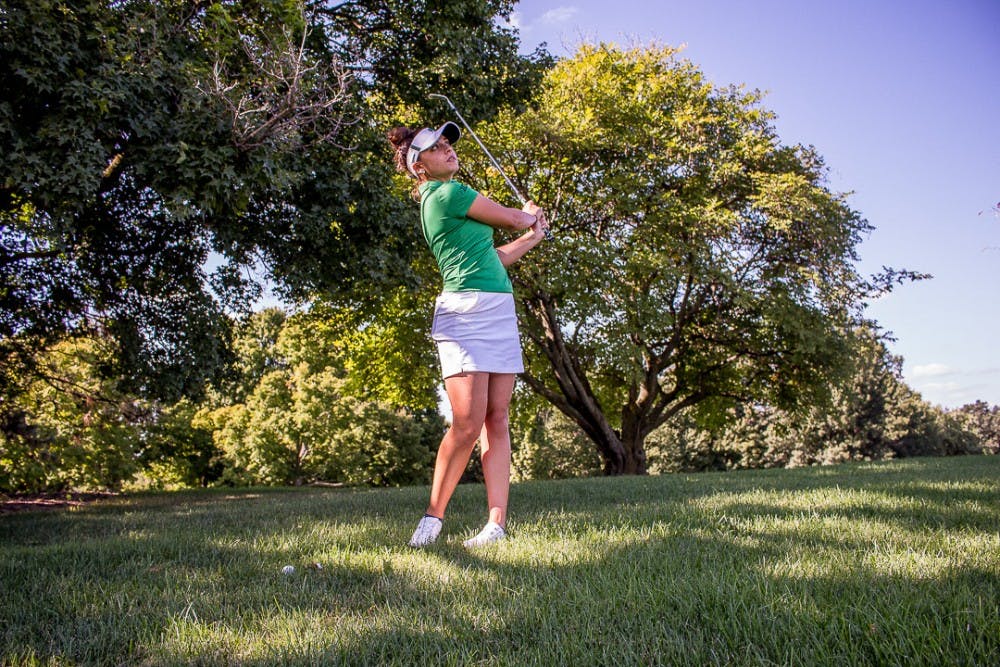 <p>Communication junior Allyson Geer Park practices her swing on Sept. 11, 2018 at the Lasch Family Golf Center in East Lansing. Geer earned the second-lowest single season scoring average in school history at 71.61 her sophomore year and recently received a sponsor exemption to play in the Meijer LPGA classic for the second year in a row over the summer.</p>