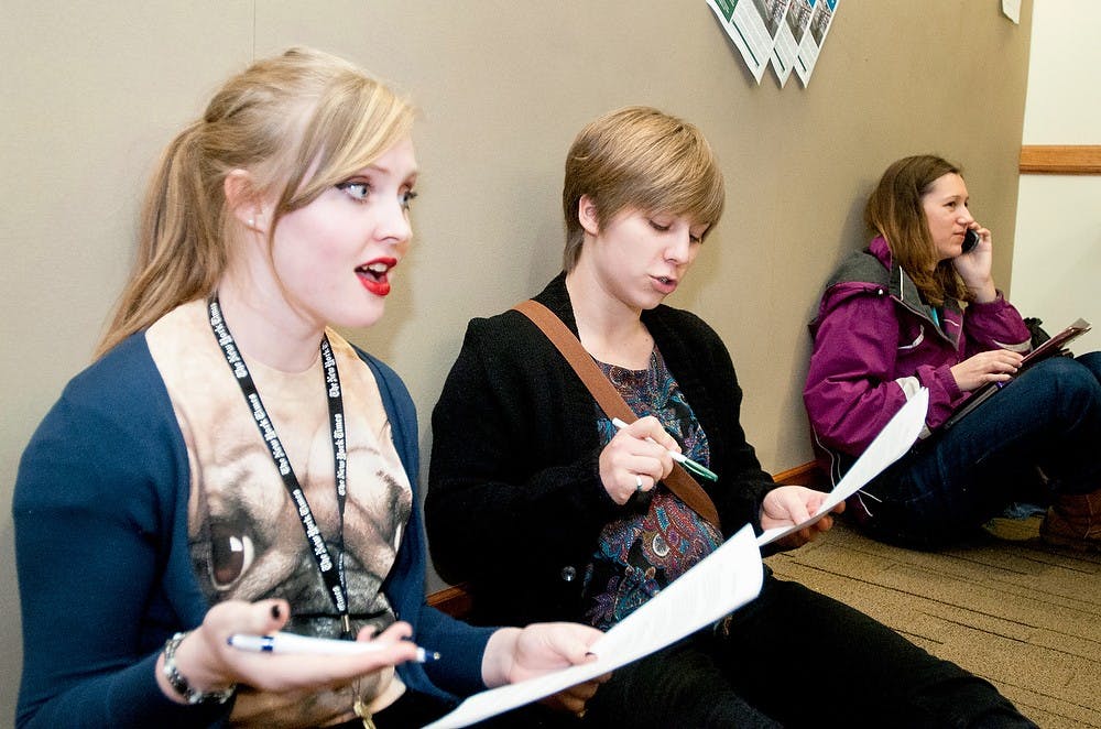 	<p>Arts and humanities freshman Dani Dillon, left, rehearses lines with arts and humanities freshman Megan Wesner before they audition for a role in a play performed by the student-run group, Roial Players, on Wednesday, Jan. 23, 2013.  Spring auditions started Wednesday and go through Saturday. State News File Photo</p>