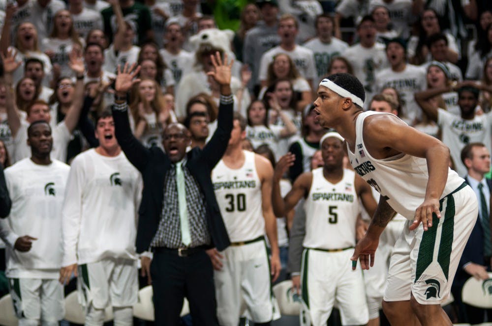 Freshman forward Miles Bridges (22) defends an inbound pass during a game against Florida Gulf Coast on Nov. 20, 2016 at Breslin Center. The Spartans defeated the Eagles, 78-77. 