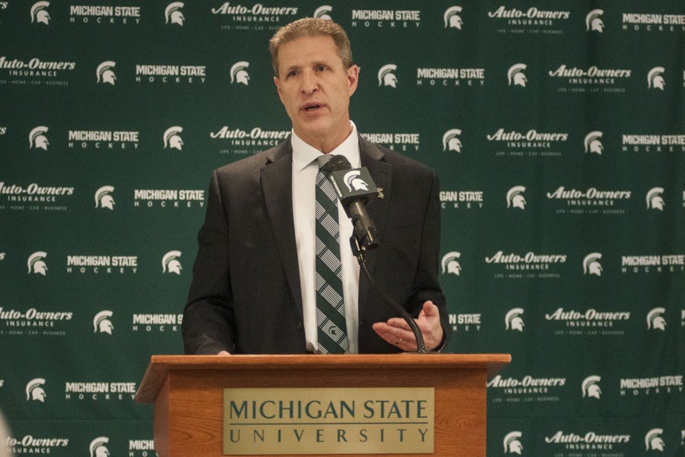 <p>New MSU Hockey Head Coach Danton Cole speaks during a press conference on April, 11, 2017 at Munn Ice Arena. Cole is a former MSU athlete and said "it's good to be coming back home ... it was going to take a really special place for me to leave a special place."</p>