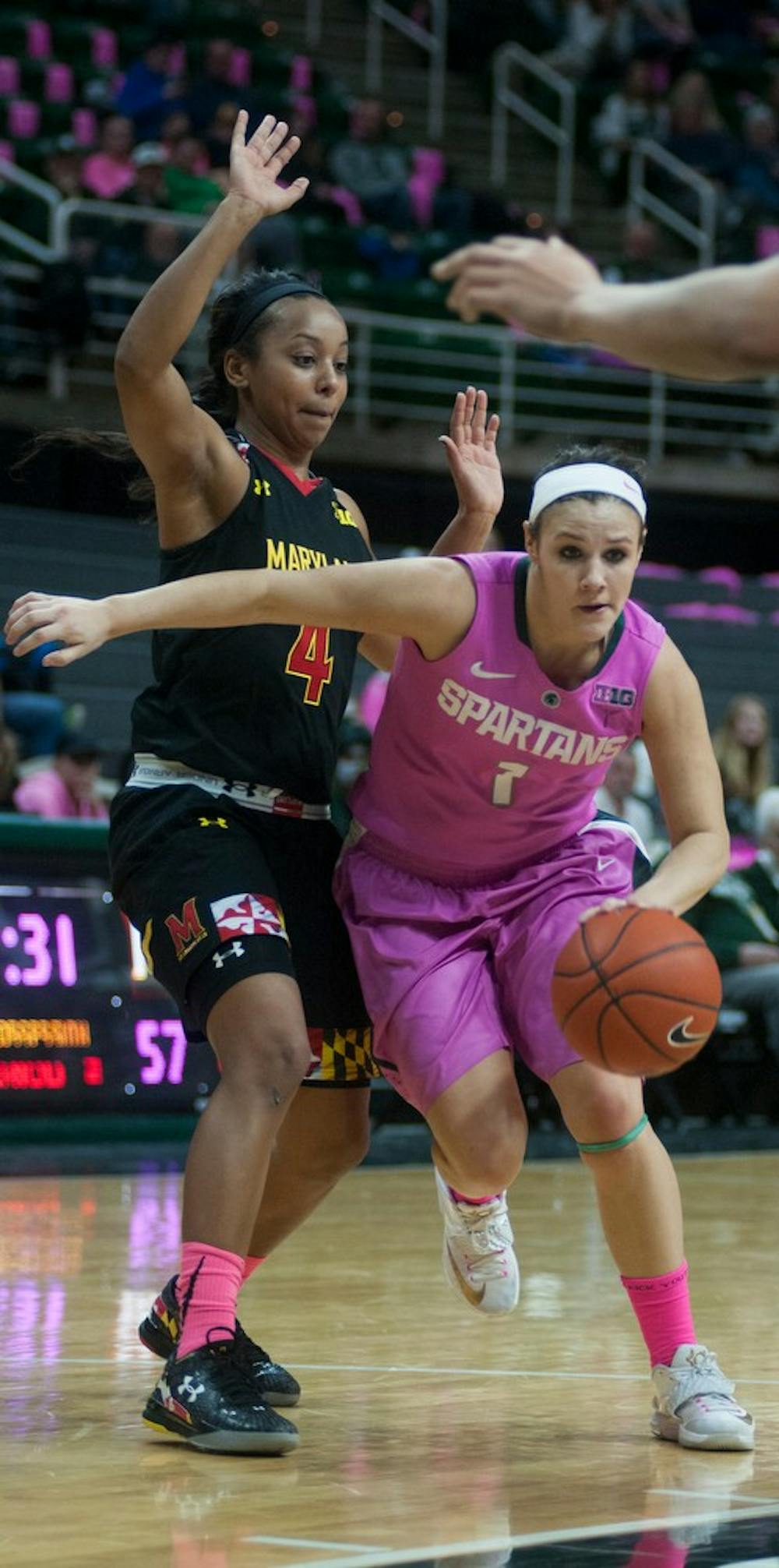 <p>Sophomore guard Tori Jankoska gets around Maryland guard Lexie Brown Feb. 16, 2015, during the Play4Kay Breast Cancer Awareness game against Maryland at Breslin Center. The Spartans were defeated by the Terrapins, 75-69. Hannah Levy/The State News</p>