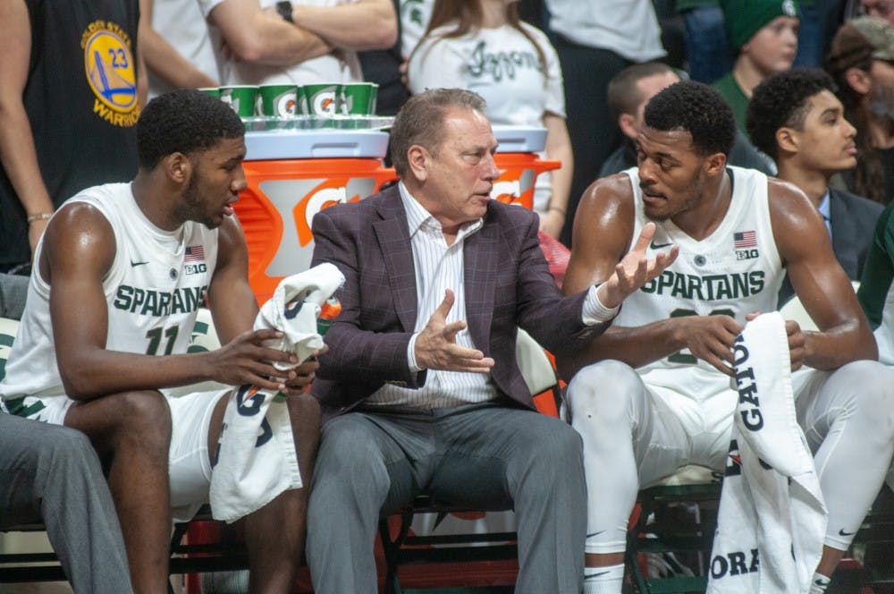 MSU Coach Tom Izzo talks to the Spartans during the game against University of Louisiana-Monroe at Breslin Center on Nov. 14, 2018. The Spartans defeated the Warhawks, 80-59.