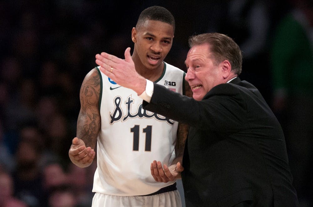 <p>Head Coach Tom Izzo talks to then-senior guard Keith Appling during the game against Connecticut on March 30, 2014, at Madison Square Garden in New York City. The Spartans lost in the Elite Eight, 60-54. Julia Nagy/The State News</p>