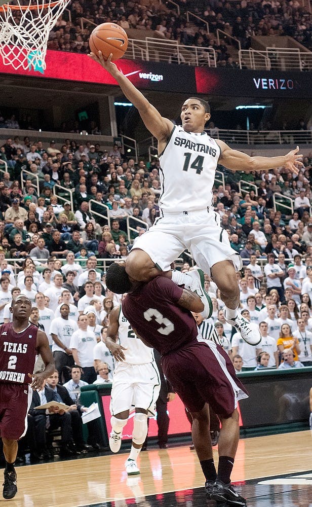 	<p>Then-freshman guard Gary Harris goes for a layup during the game against Texas Southern on Nov. 18. 2012, at Breslin Center. The Spartans beat the Tigers 69-41. State News File Photo</p>