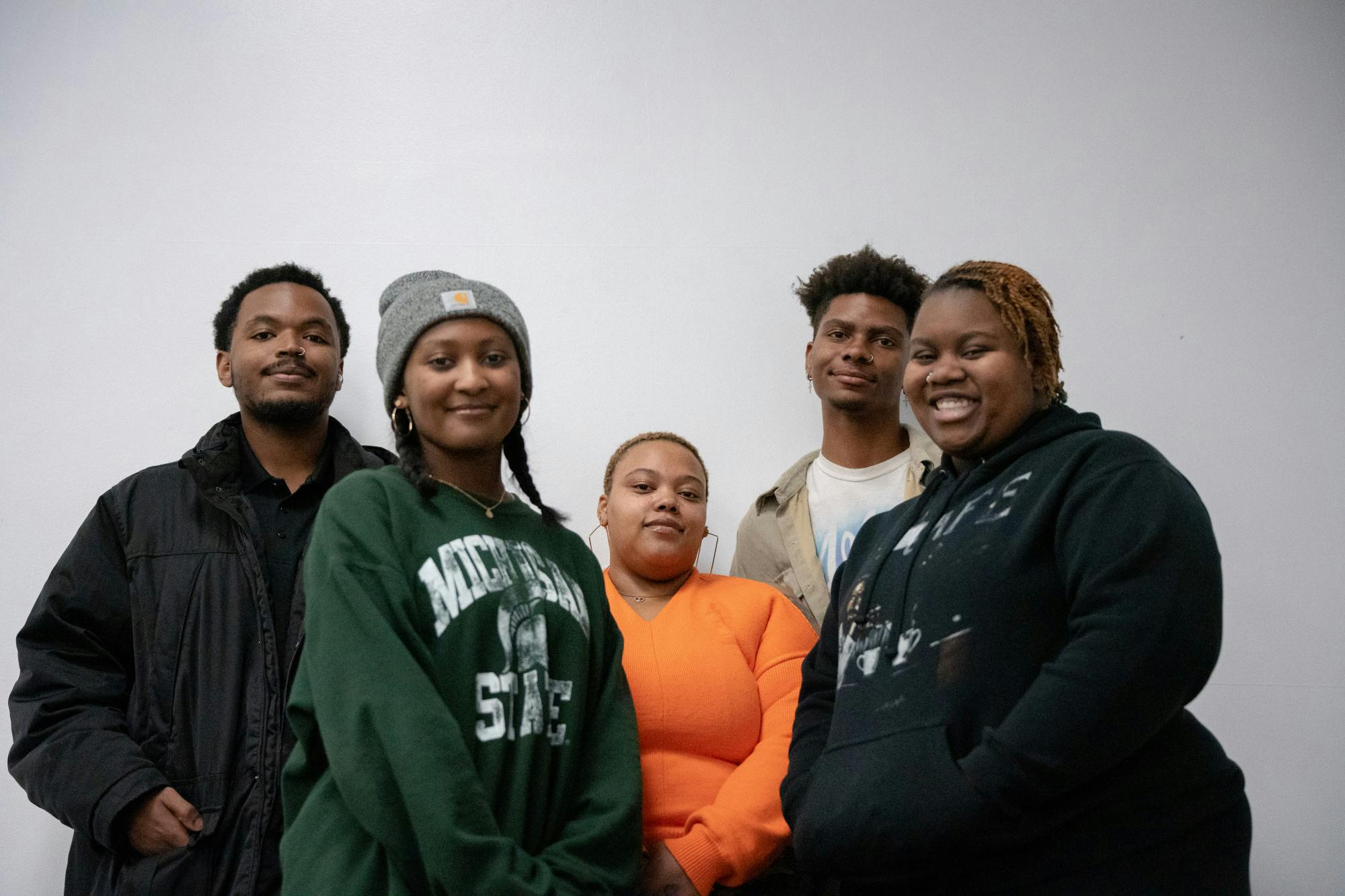 <p>The Black Mental Health Coalition E-Board members (from left to right) Reggie Allen, Jourdyn Starr, Brandy Dunigan, Ryon Williams, and president Ajane' Kindle, photographed on Jan. 31, 2023.</p>