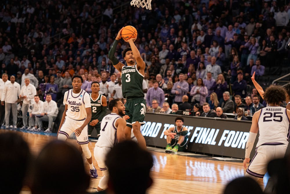 Sophomore guard Jaden Akins shoots the ball during the Spartans' Sweet Sixteen matchup with Kansas State at Madison Square Garden on Mar. 23, 2023. The Spartans lost to the Wildcats 98-93 in overtime.