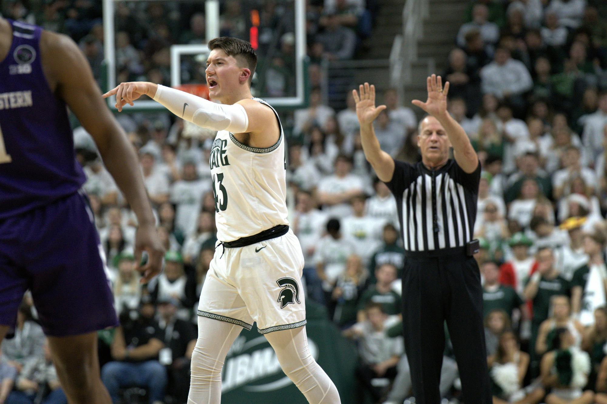 <p>Spartan guard Jason Whitens calls out to his teammates during the match against the Northwestern Wildcats on Dec. 4, 2022. ﻿</p>