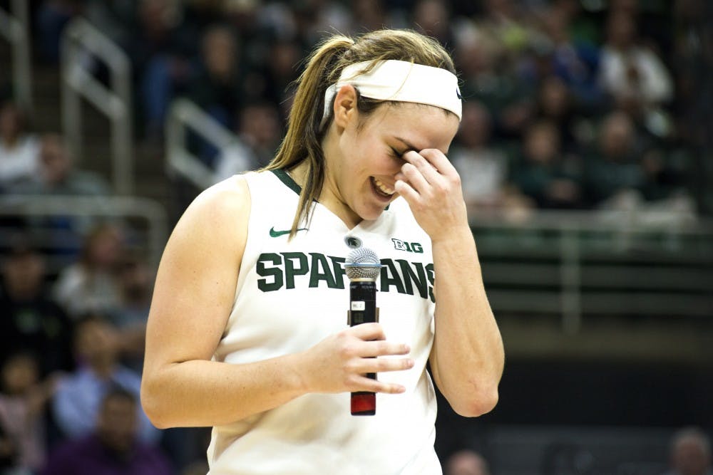 Senior guard Tori Jankoska (1) has a moment to herself while giving a speech during her senior night after the women's basketball game against Pennsylvania State University on Feb. 22, 2017 at Breslin Center. The Spartans defeated the Nittany Lions, 73-64.