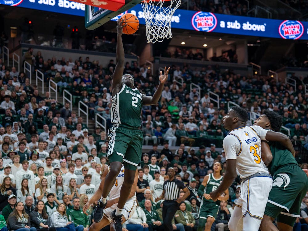 <p>MSU guard and sophomore Kur Teng (2) prepares a layup versus San Jose State at the Breslin Center in East Lansing, Michigan on Nov. 13, 2025.</p>