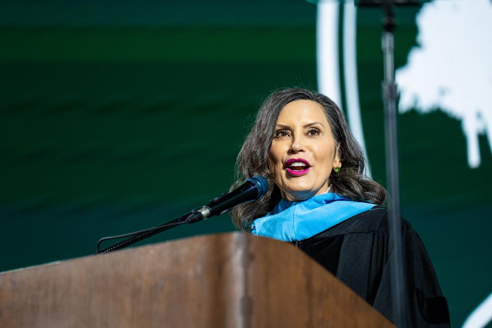 <p>Michigan Governor Gretchen Whitmer gives a speech to graduating students during a convocation in East Lansing, Mich., on May 1, 2026.</p>