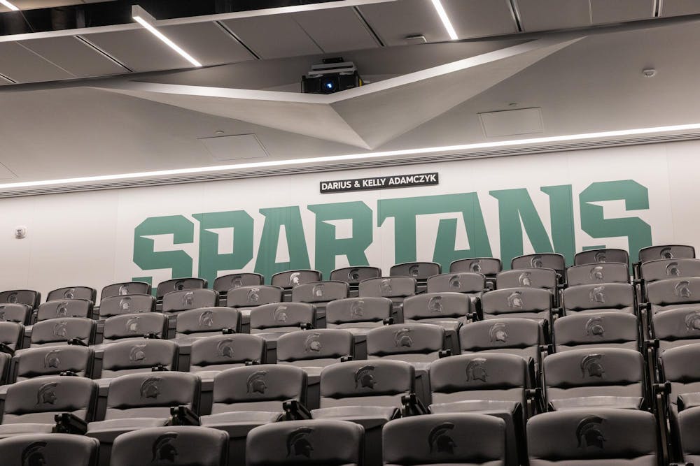 <p>A conference room inside of the Skandalaris Football building holds a place for the team to view film and hold press conferences in East Lansing, Mich., on Aug. 6, 2026.</p>