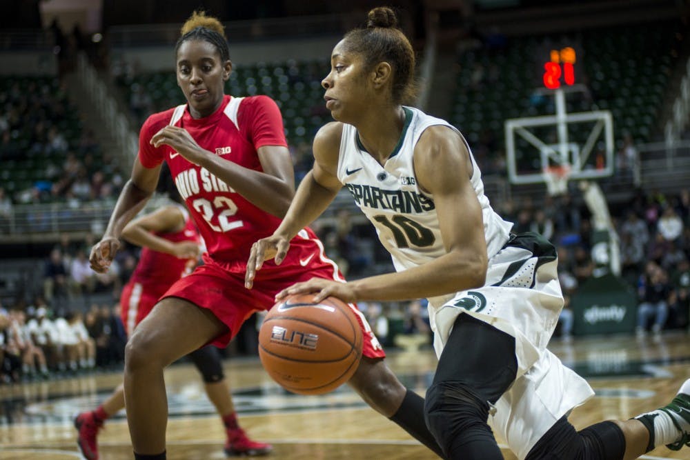 Senior guard Branndais Agee (10) drives the ball to the basket during the women's basketball game against Ohio State on Jan. 10, 2017 at Breslin Center. The Spartans defeated the Buckeyes, 94-75.