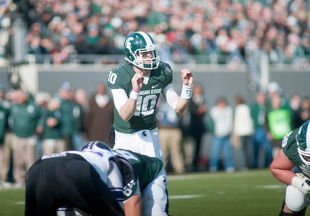 	<p>Junior quarterback Andrew Maxwell calls a play on Saturday, Nov. 17, 2012, at Spartan Stadium. The Spartan&#8217;s fell to the Northwestern Wildcats 23-20. James Ristau/The State News</p>