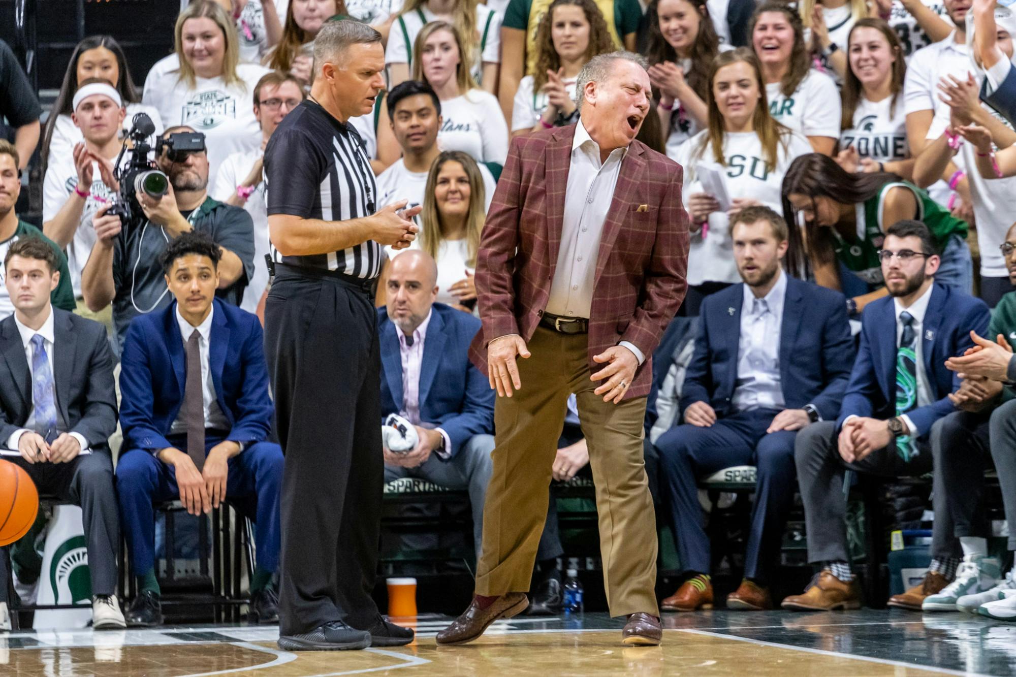 Coach Tom Izzo reacts to an explanation fro referee Paul Szelc during a game against Iowa. The Spartans defeated the Hawkeyes, 78-70, at the Breslin Student Events Center on February 25, 2020. 