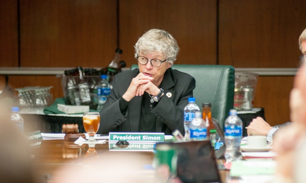 <p>Former MSU President Lou Anna K. Simon is pictured during the Board of Trustees meeting on Oct. 27, 2017 at the Hannah Administration Building. Simon resigned from her position in January 2018.&nbsp;</p>