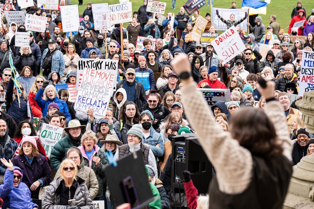 <p>Thousands of protestors gather for the 50501 movement in protest of the Trump administration’s executive actions at the Michigan State Capitol in Lansing on April 5, 2025.</p>