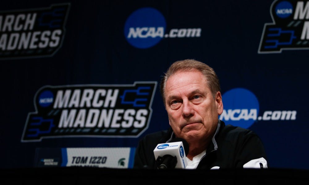 Michigan State Head Coach Tom Izzo responds to questions during a press conference at Wells Fargo Arena March 22, 2019.during a press conference at Wells Fargo Arena March 22, 2019.