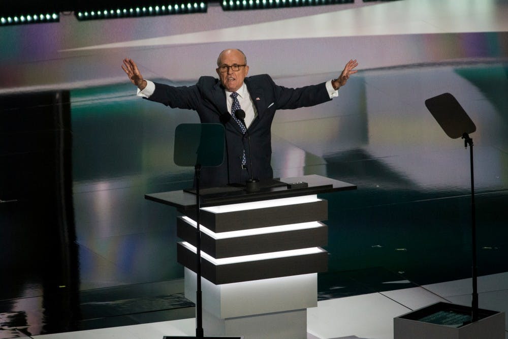 Rudy Giuliani gives a speech at the Republican National Convention on July 18, 2016 at Quicken Loans Arena in Cleveland, Ohio. Giuliani is the former mayor of New York City.