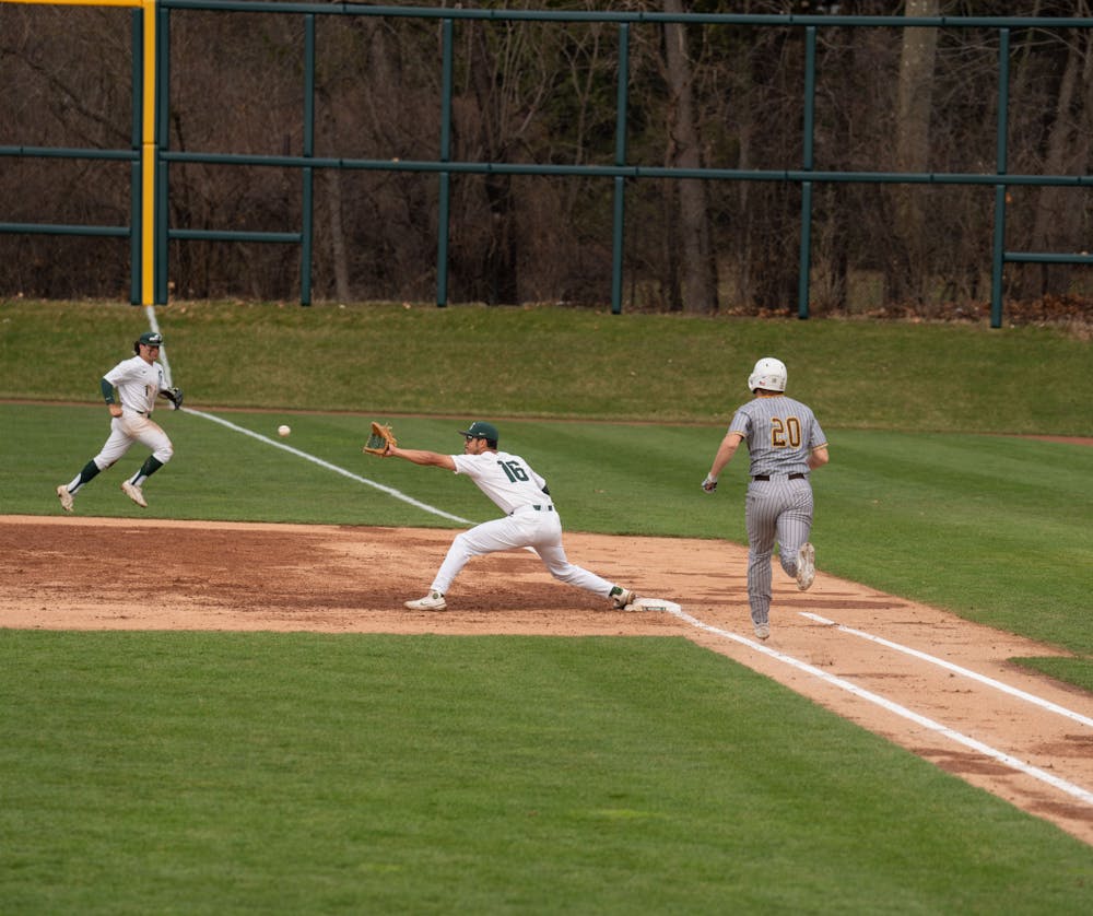<p>&quot;You&#x27;re out!&quot; Redshirt junior first basemen Peter Ahn gets Western Michigan out during the game on April 13, 2022. MSU lost 18-7 against Western Michigan.</p>