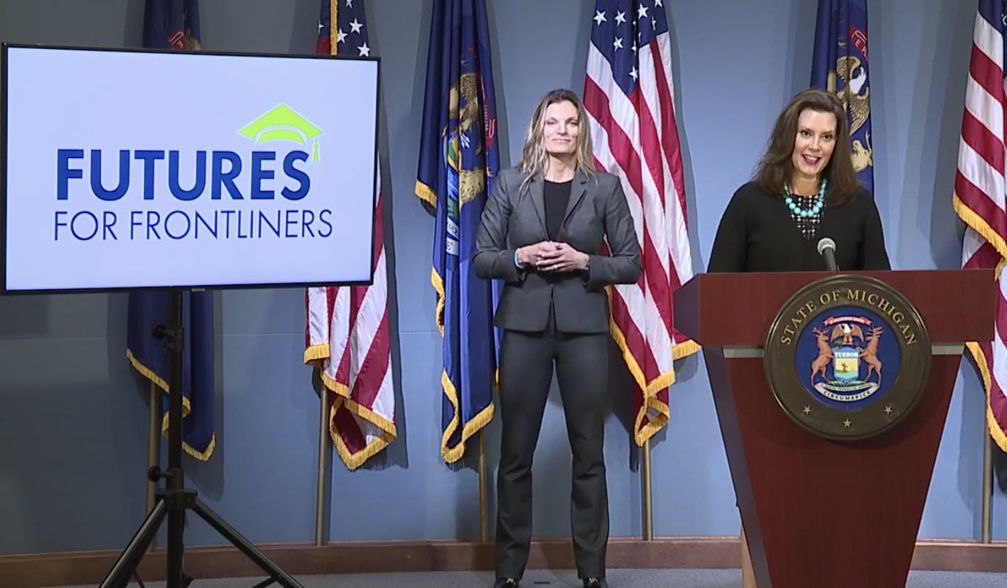 <p>Gov. Gretchen Whitmer introduces the Futures for Frontliners program.</p>