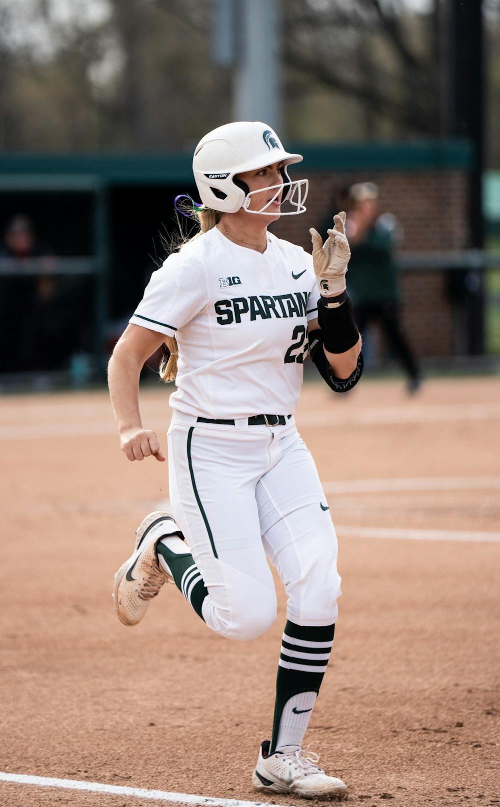 <p>Senior Jessica Mabrey sprints to first base during their match against Maryland on April 29th, 2022. </p>