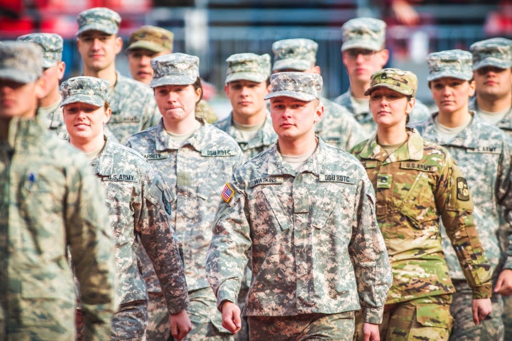 The Ohio State ROTC cadets recieve honors during a pause in the game against Ohio State, on Nov. 11, 2017, at Ohio Stadium. The Spartans were defeated by the Buckeys, 48-3.