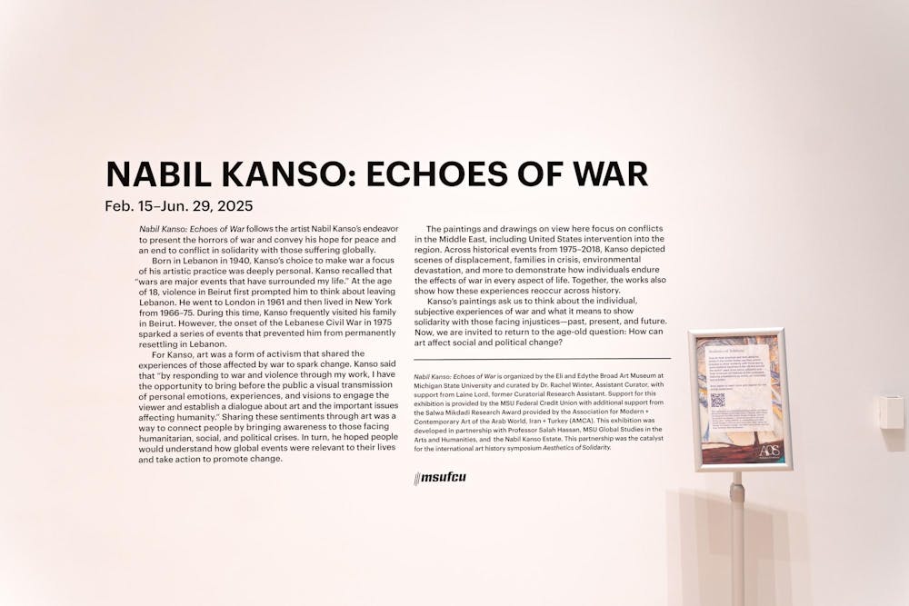 The Nabil Kanso: Echoes of War exhibit at the Eli and Edythe Broad Art Museum on April 2, 2025. The exhibit features the artist’s large-scale paintings exploring the impact of war and conflict and is on view from February 15 to June 29, 2025, highlighting Kanso’s works addressing historical events in the Middle East and beyond.