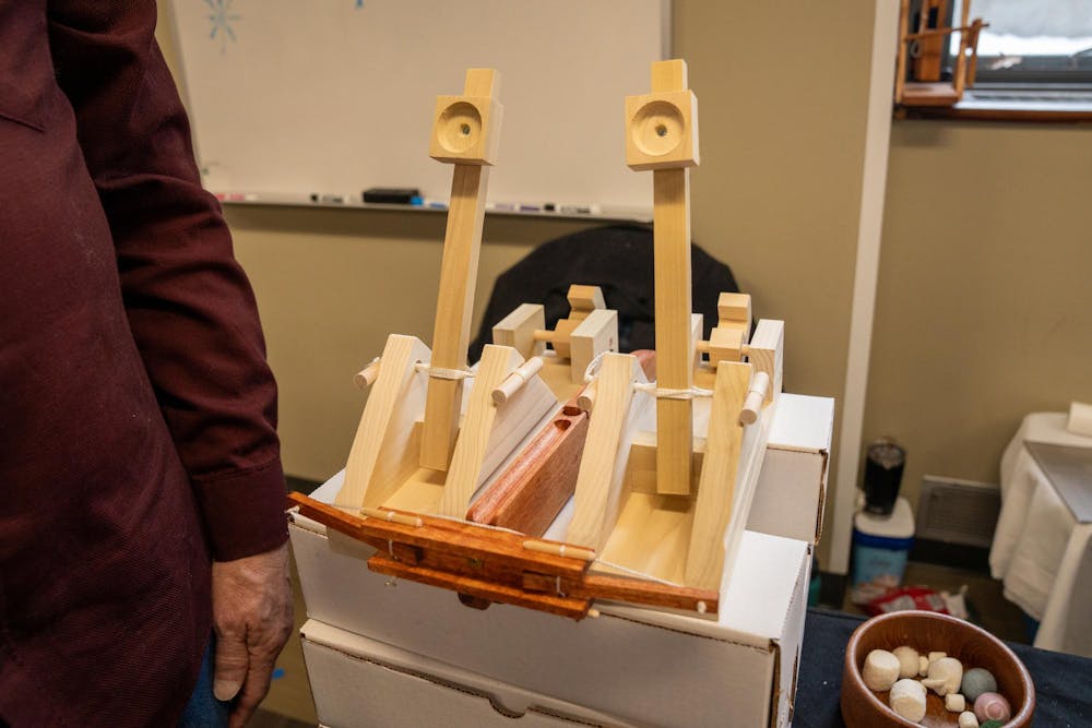 Marshmallow catapults are displayed at the vendor table for The Marshmallow Catapult during Michigan State’s annual winter arts and craft show at the Union on campus in East Lansing, Mich., on Saturday, Dec. 6, 2025.