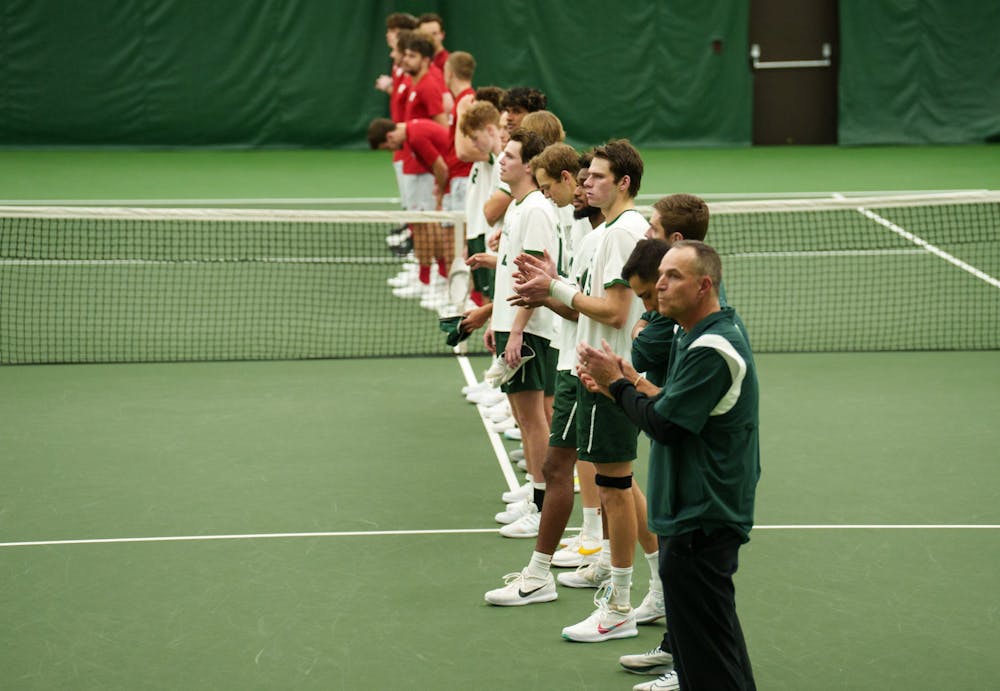 <p>Michigan State and Wisconsin&#x27;s men&#x27;s tennis teams before the Nation Anthem at MSU Indoor Tennis Facility, on March 25, 2022. Spartans lose 5-2 against Wisconsin.</p>