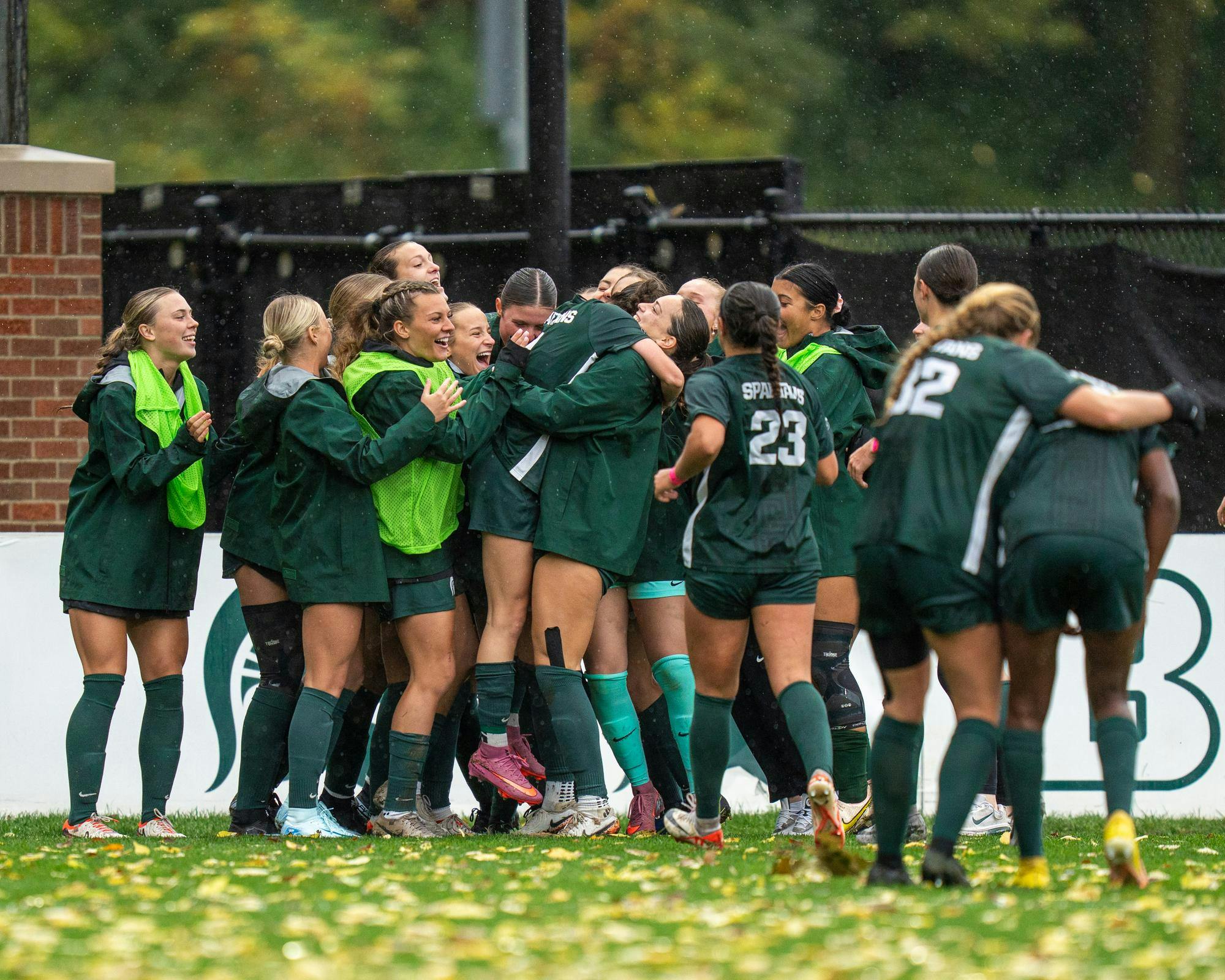 MSU womens soccer team celebrates together after a goal in DeMartin Stadium on Oct. 19, 2025.