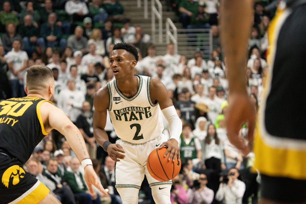 <p>Senior Guard Tyson Walker, dribbling the ball at the Iowa v. MSU game held at the Breslin Center on Jan. 26, 2023. The Spartans defeated the Hawkeyes 61-63.</p>