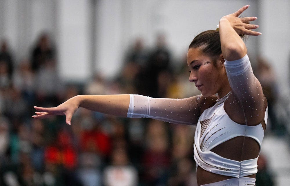 Maryland Gymnast on the bar during the MSU v WMU v UMD at Jenison Field House in East Lansing, on Feb. 15th, 2026.