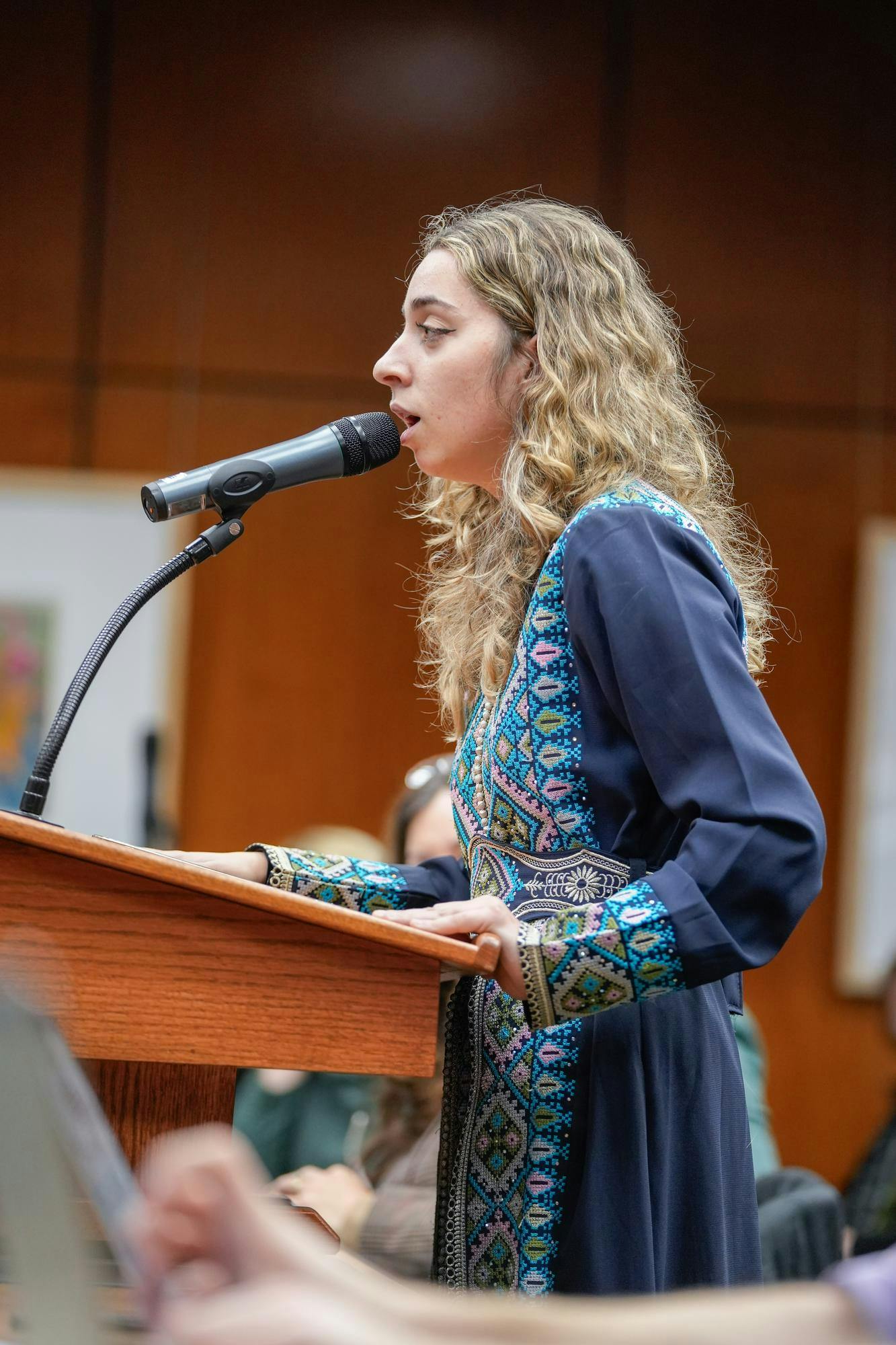 MSU student Saba Saed calls out the Board of Trustees’ lack of support of Palestinian students during the ongoing conflict in Gaza during the Board of Trustees meeting in the Hannah Administration Building on Oct. 27, 2023. 