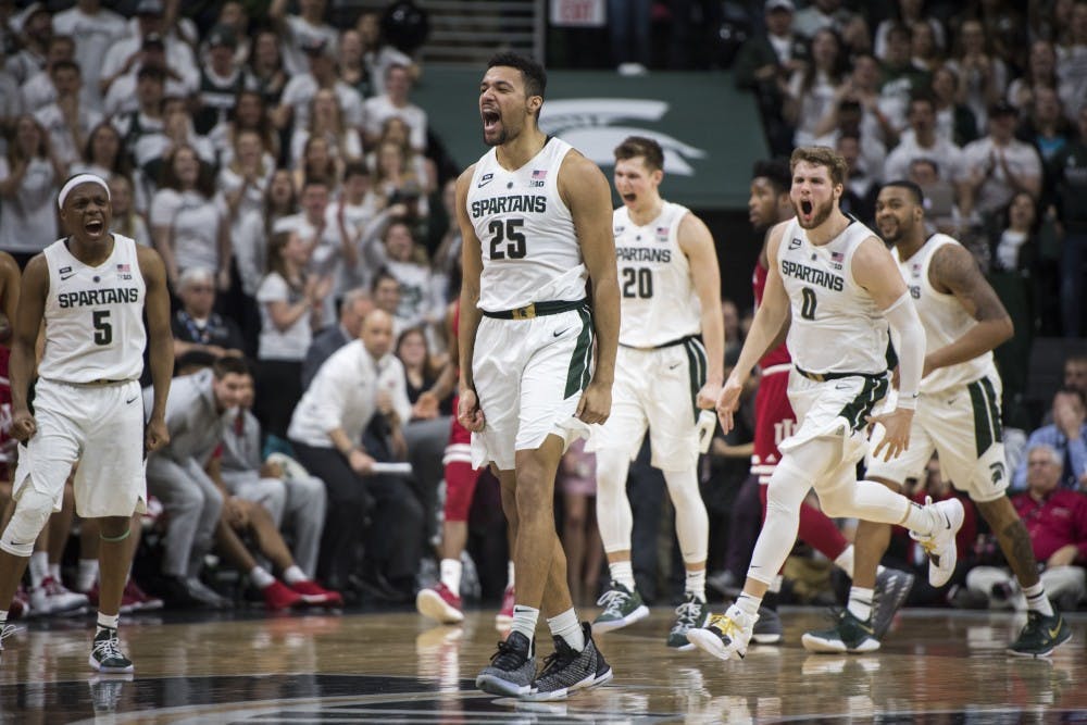 <p>Senior forward Kenny Goins (25) celebrates scoring a 3-pointer during the men&#x27;s basketball game against Indiana on Feb. 2, 2019 at Breslin Center. Michigan State lost to Indiana in overtime 79-75.</p>