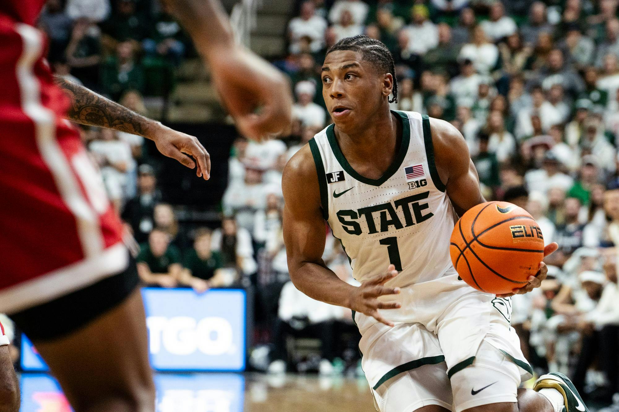 <p>Michigan State redshirt freshman Jeremy Fears Jr. (1) drives to the net during the game played against the University of Nebraska held at the Breslin Center on Dec. 7, 2024.</p>