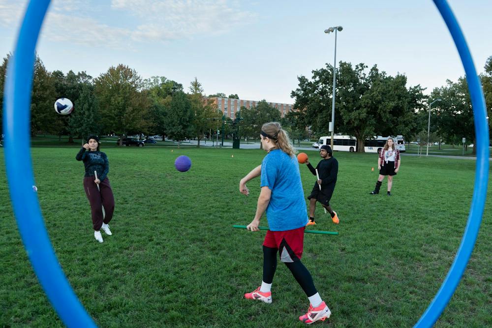 <p>Michigan State quadball players engage in a drill during their practice at IM East Field in East Lansing, Mich., on Monday, Sept. 21, 2026.</p>