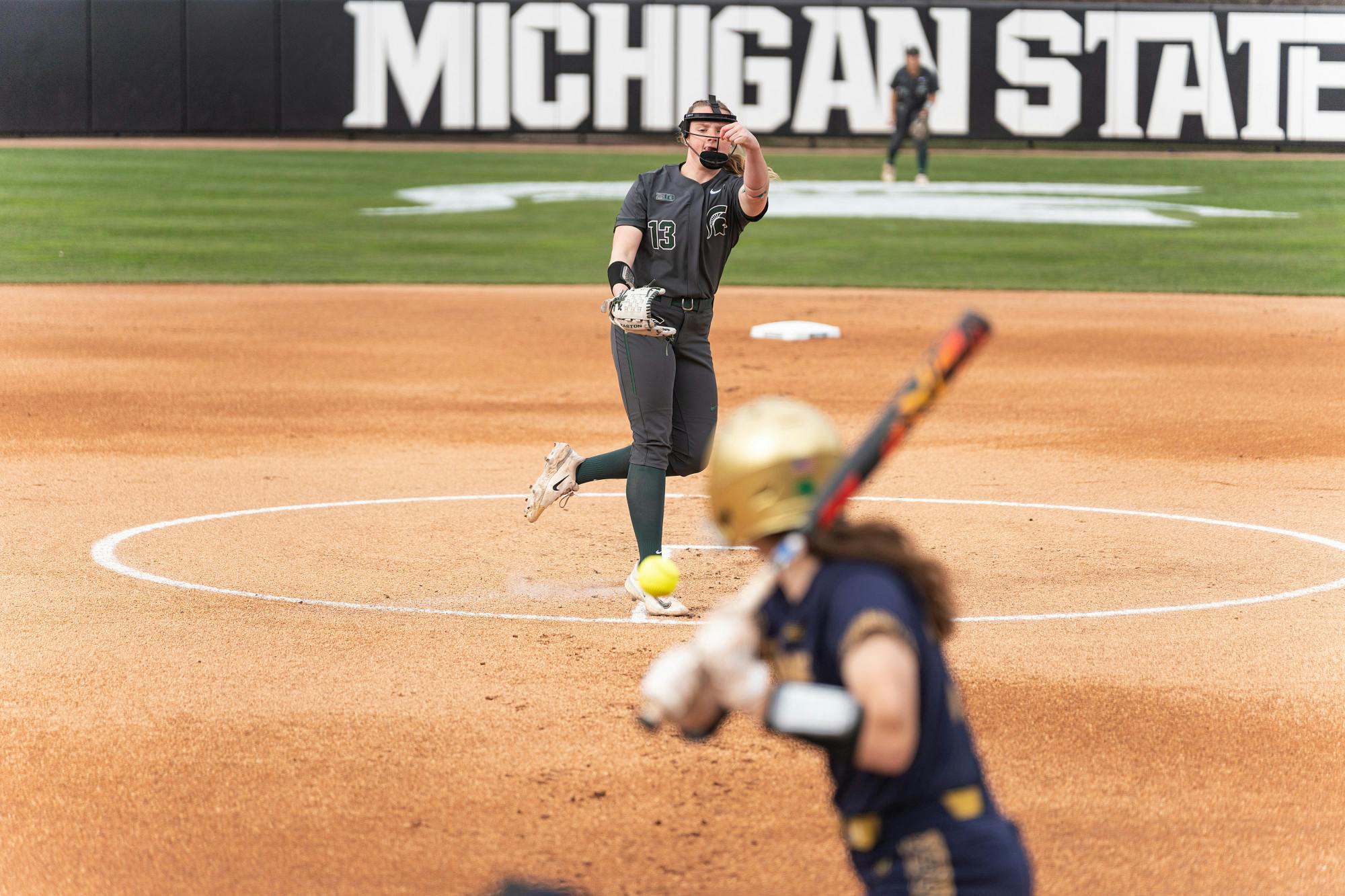 <p>Michigan State sophomore Madison Taylor taking over on the mound—trying to slow down Notre Dame's scoring at Secchia Stadium on April 11, 2023.</p>