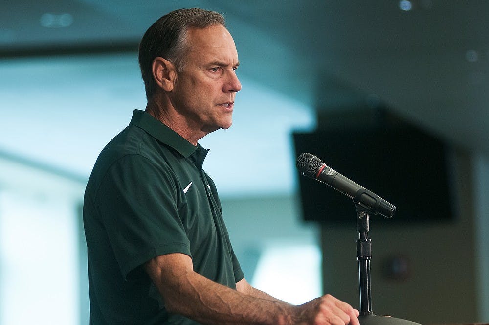 <p>Head coach Mark Dantonio talks to the media during Football Media Day at the Huntington Club of Spartan Stadium. Coming off of a 13-1 season and a Rose Bowl victory, the Spartans are due to kick off the season Aug. 29. Danyelle Morrow/The State News</p>