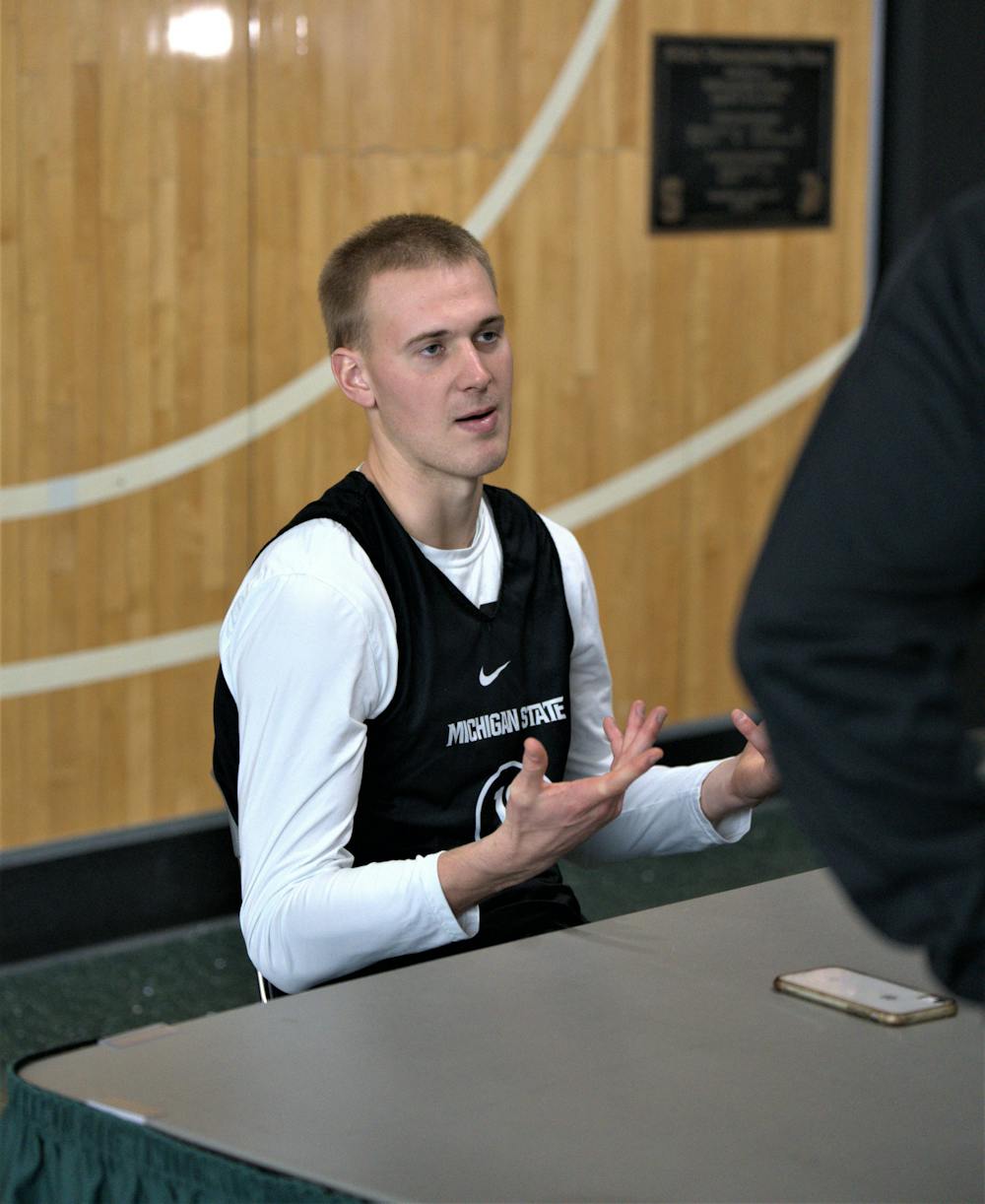 <p>Spartan player Joey Hauser responds to the media during individual conferences at Breslin Center on Oct. 20, 2022. ﻿</p>