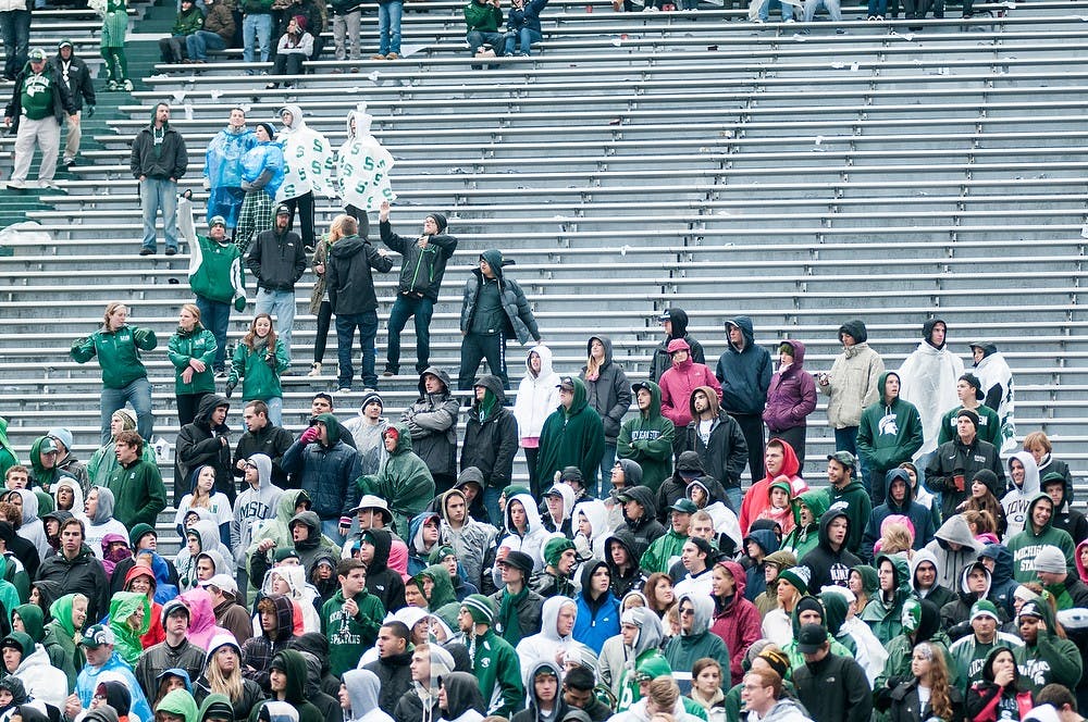 	<p>Members of the student section leave during a game against Iowa on Saturday, Oct. 13, 2012 at Spartan Stadium. Many people in the student section left after halftime. Julia Nagy/The State News</p>