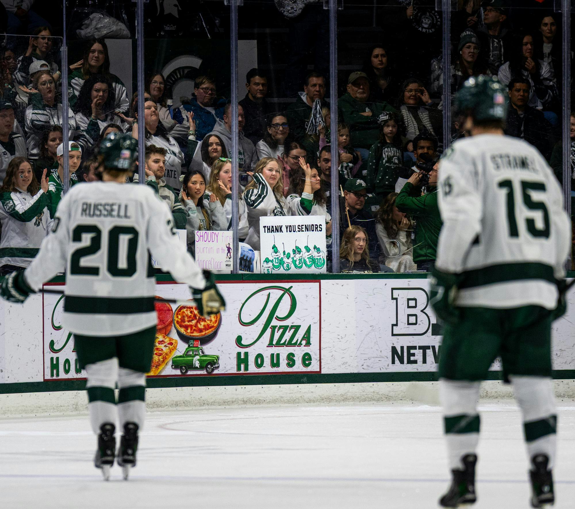 <p>The Munnster's, MSU hockey's student section, makes signs and cheers on the MSU hockey seniors in Munn Ice Arena in East Lansing, MI on Feb. 28, 2026.</p>