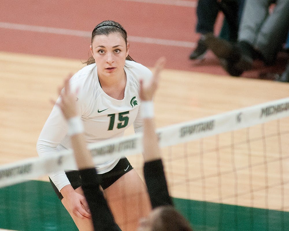 Junior outside hitter Lauren WIcinski watches the ball at Jenison Field House on Nov. 2, 2012 during the Michigan State University versus Iowa State University volleyball game. MSU won the game in three sets. Danyelle Morrow/The State News