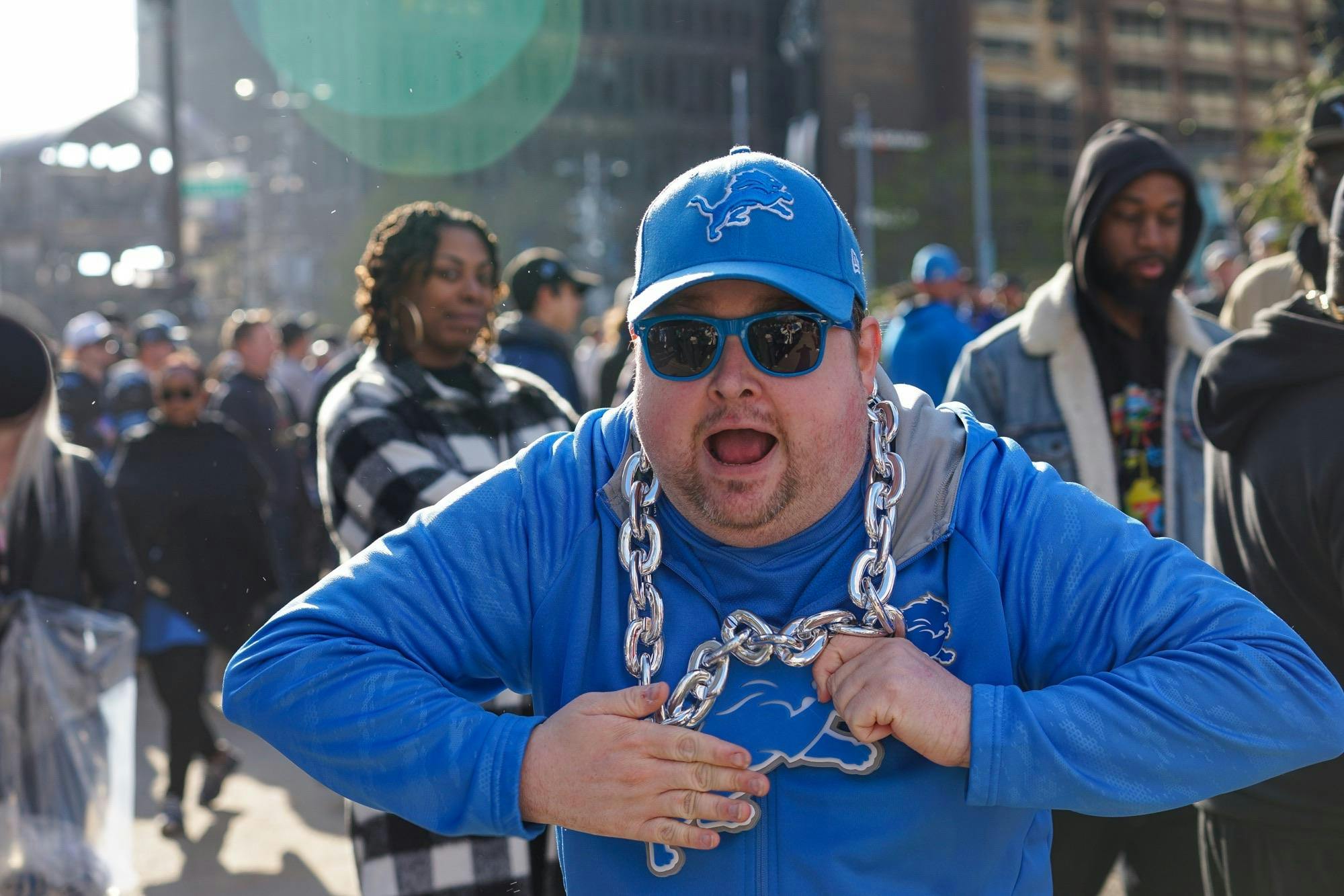 A fan celebrates the 2024 NFL Draft in Detroit, rooting for the Lions. Photo courtesy of Aleesa Lueckers of Spartan Sports Report.