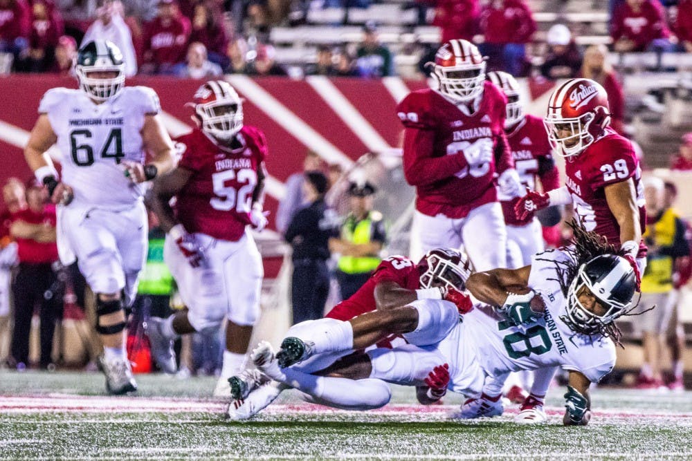 Senior wide receiver Felton Davis III (18) hauls in a pass during the game against Indiana on Sept. 22, 2018 at Memorial Stadium. The Spartans defeated the Hoosiers, 35-21.